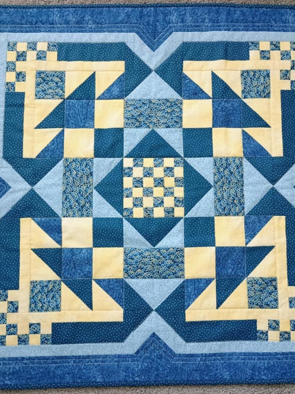 EEUC HANDMADE QUILT WALLHANGING or BABY BLANKET BLUE YELLOW COTTON FABRICS